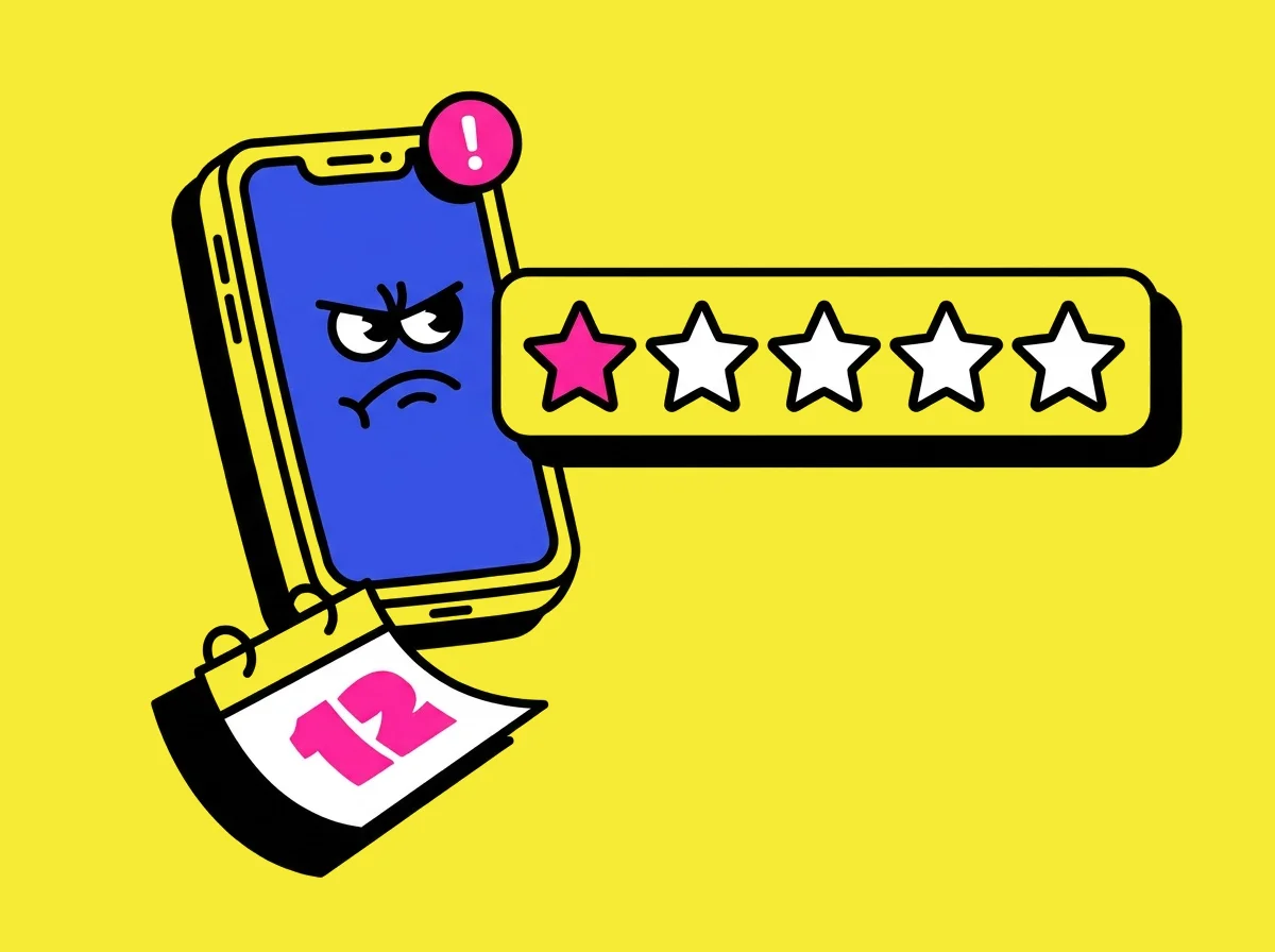 An angry phone with an unread badge next to a one-star rating