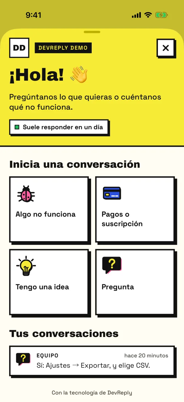 L’écran d’accueil du chat en espagnol : ¡Hola!, Inicia una conversación